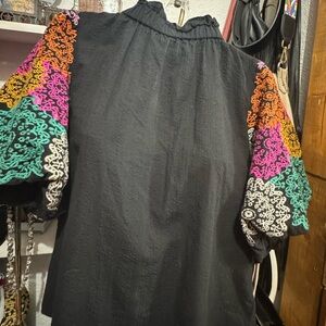 THML Black Blouse with Colorful Embroidered Sleeves